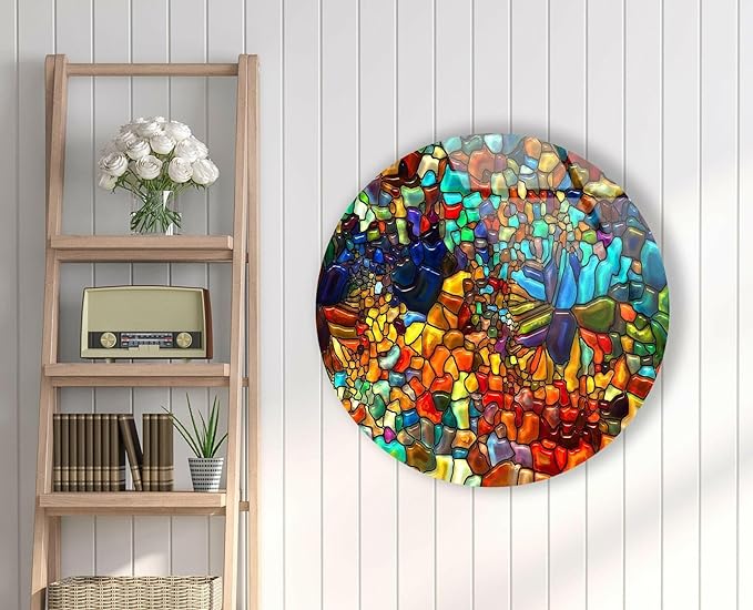 My Photostation.com 24''(60cm) Diameter Red Mosaic Round Glass Wall Art Tempered Glass Printing Wall Decor Large Wall Art Wall Hangings