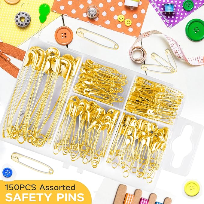 Huhuhero Safety Pins Assorted, 160-Pack 5 Different Sizes Small and Large Safety Pins for Clothes Fabric Costume, Nickel Plated Steel Pin Bulk, Sewing Arts Crafts Supplies, Gold