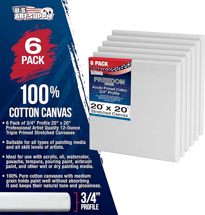 U.S. Art Supply 20 x 20 inch Stretched Canvas 12-Ounce Triple Primed, 6-Pack - Professional Artist Quality White Blank 3/4" Profile, 100% Cotton, Heavy-Weight Gesso - Acrylic Pouring, Oil Painting