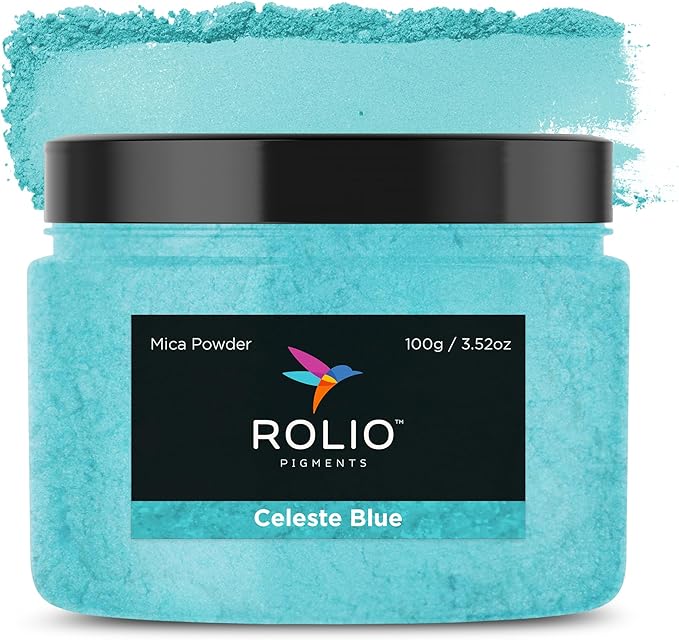 Rolio Premium Blue Mica Powder - Celeste Blue (100G / 3.5 oz) - 1 Jar of Pigment Powder for Epoxy Resin, Dye, Soap Making, Nail Polish, Paint, Candle Making, Bath Bombs, Slime