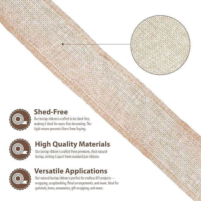 Mandala Crafts Natural Burlap Ribbon 2 Inches Wide Jute Ribbons for Crafts - 20 Yds Roll Rustic Burlap Wrap Trim Ribbons for Wreaths Bows Wedding Party Decoration