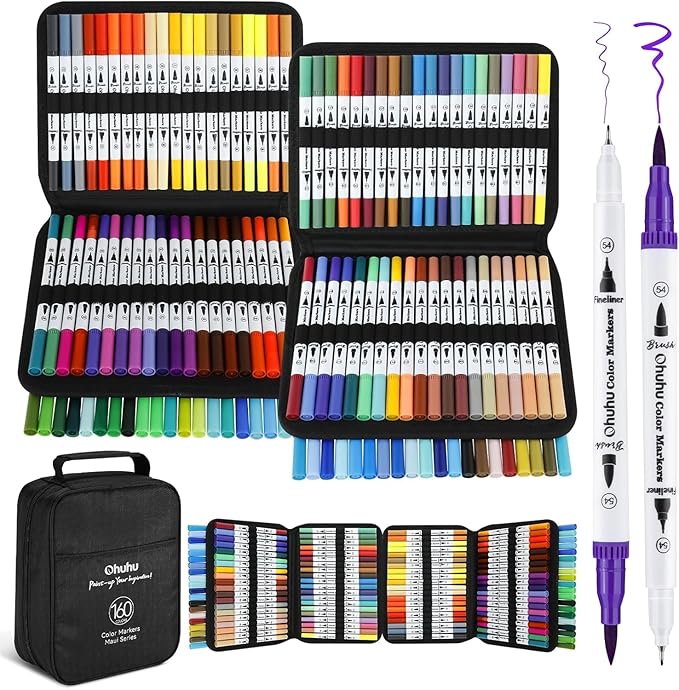 Ohuhu Markers for Adult Coloring Books No Bleeding 160 Colors Water-based Dual Tips Fineliner & Brush Coloring Markers for Kids Adults Beginners Drawing Pens for Journaling Lettering - Maui - White