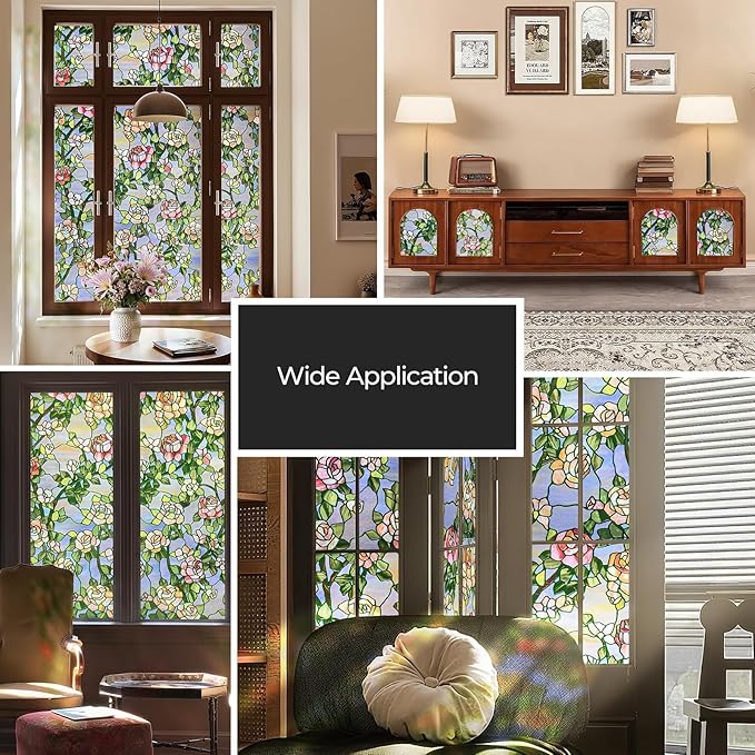 3D Stained Glass Window Film, Decorative Window Privacy Film for Bathroom, Front Door, Home, Sun Blocking Heat Control, Static Cling, Beast Rose 35.4inch x 78.7inch