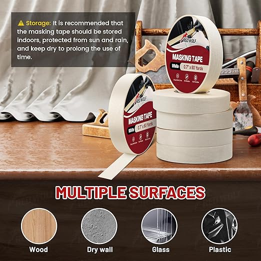 RED WOLF 3 Pack Masking Tape 0.7" x 60 Yards, General Purpose for Painting Arts Crafts Label Car Painting, Sharp Paint Line No Residue Painters Tape White Beige Crepe Paper Tape Heat Resistance