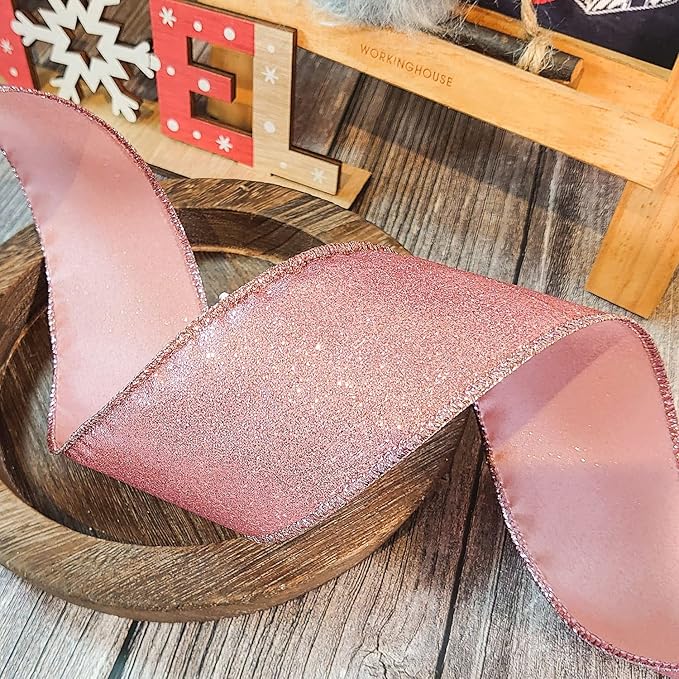 CT CRAFT LLC Glitter Wired Ribbon 2.5" x 10 Yards Rose Gold for Christmas Home Decor Bow Gift Wrapping DIY Crafts Wreath