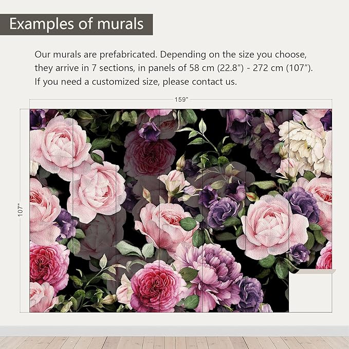 AFZEVEB-Black Watercolor Purple Peony Flower Wallpaper Wall murals for Bedroom 159"x107"(Not Peel and Stick)