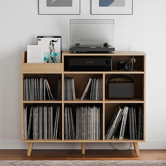 Cozy Castle Large Record Player Stand, Vinyl Storage Cabinet Mid Century Modern Turntable Stand Media Console Table Open Shelf Cube CD Album Holder Organizer for Living Room, Office, Oak