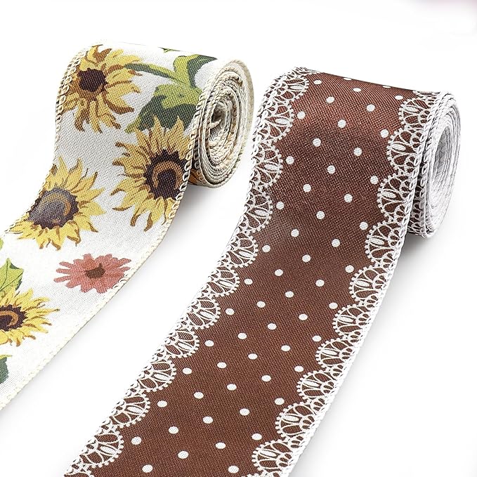 2 Rolls 10 Yard Thanksgiving Fall Wired Ribbon for Crafts Wreath Bow Making Sunflower Dot Ribbon Autumn Harvest Burlap Ribbon for Wrapping Thanksgiving Party Home Decoration 2.5''