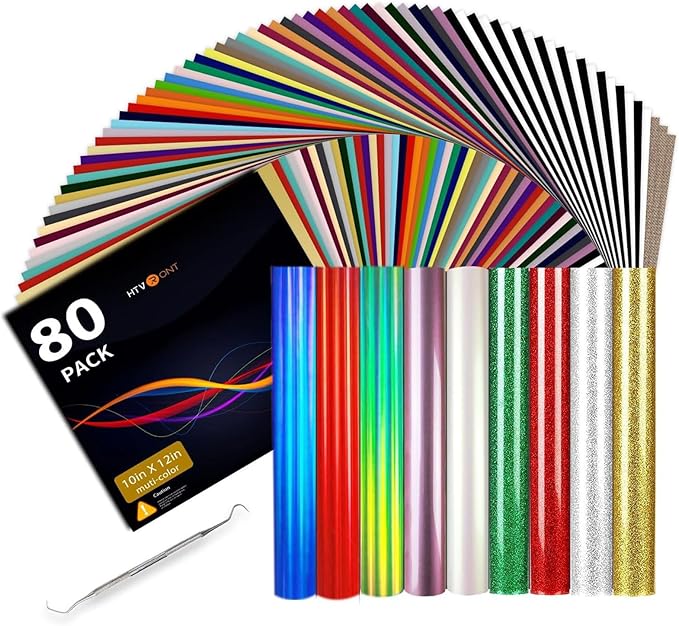 HTVRONT HTV Heat Transfer Vinyl Bundle: 80 Pack 12" x 10" Iron on Vinyl for T-Shirt, 39 Assorted Colors with Vinyl Accessories Tweezers for Silhouette Cameo or Heat Press Machine
