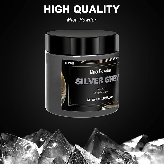 Silver Mica Powder Pigment (100g) -Cosmetic Grade Metallic Mica Powder for Epoxy Resin, Lip Gloss, Soap,Candle Making,Bath Bombs,Tumblers, Jewelry, Dyes, and DIY Crafting Projects(Silver Grey, 3.5oz)