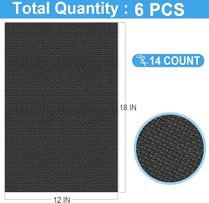 6 PCS Cross Stitch Aida Fabric 14 Count, 18 by 12 Inch, Classic Reserve Cross Stitch Aida Cloth for Home DIY Embroidery Decoration, Black