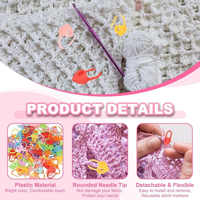 uxcell 200pcs Stitch Markers for Crocheting, Heart Shaped Crochet Marker Needle Clip Counter for Knitting Clothing Tag DIY Craft,Pink