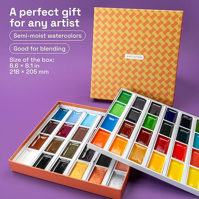 ARTISTRO Professional Watercolor Paint Set for Adults - 48 Pigment-Rich Colors, XL Pans, ASTM-I Lightfastness, High Tinting Strength Watercolor Set for Professionals made by professionals