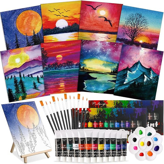 Cholemy 36 Pcs Paint and Sip Kit for Adults 8''x10'' Pre Drawn Canvas for Painting DIY Afro Acrylic Painting Kit Wood Easel Brushes Date Night Bulk for Christmas Party Gifts(Mountain)
