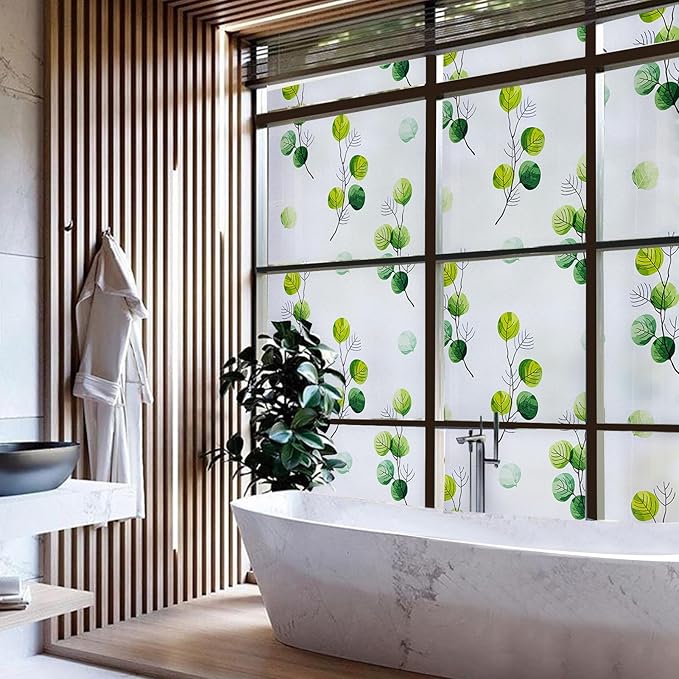 DKTIE Eucalyptus Leaves Stained Glass Window Film with Installation Tools, INS Style Window Privacy Film Decorative, Nordic Style for Home Decor (S541, 35.4'' x 78.7'')