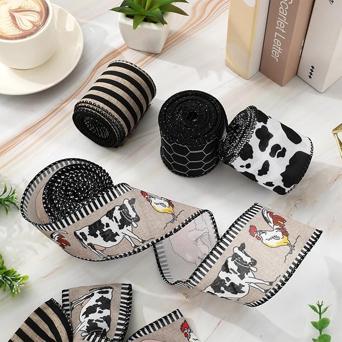 Farmhouse Animal Wired Edge Ribbons Cow Chick Pig Stripe Chicken Wire Decorative Fabric Wrapping Ribbons for DIY Crafts Wreath Bow Making Supplies, 4 Rolls, 24 Yard