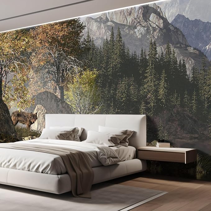 wall26 Wolf Near a Lake in a Rocky Mountain Landscape. Removable Wall Mural | Self-Adhesive Large Wallpaper - 132x120 inches