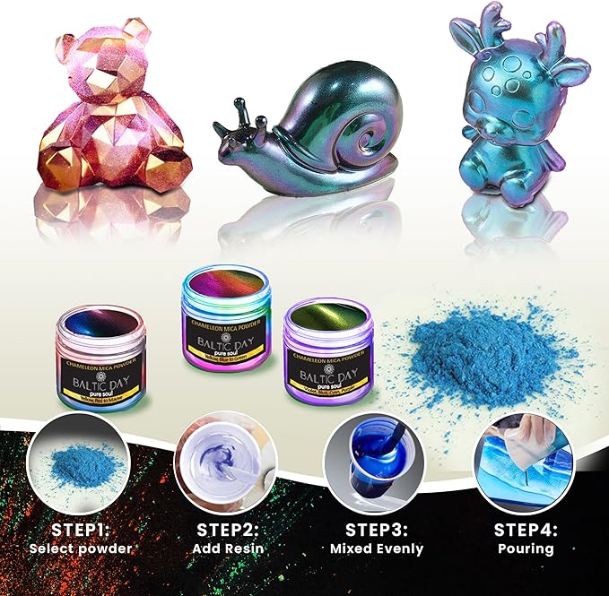 BALTIC DAY - Mica Powder, 100 Colors - 10 Chameleon Mica Powder for Epoxy Resin 10g/Bottle - Resin Colorant for Lip Gloss, Soap Making, Candle, Nail, Bath Bomb, Paint, Car Freshies