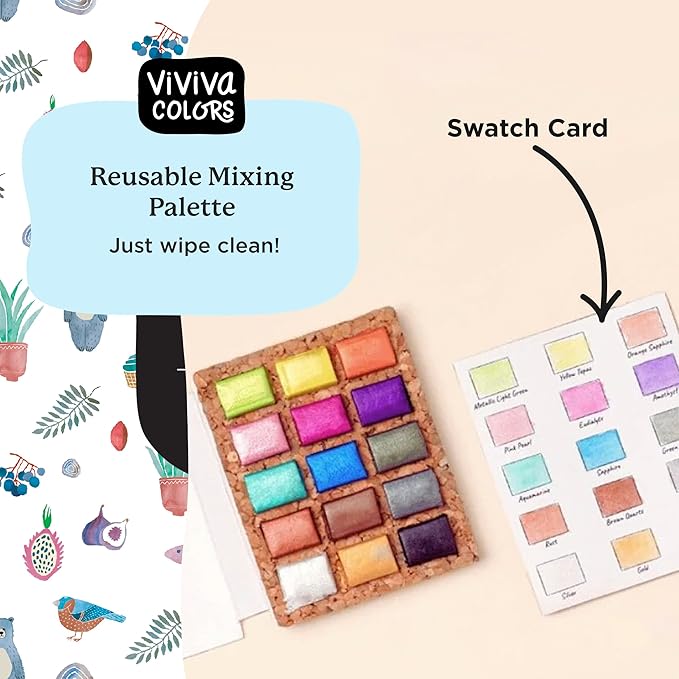 Viviva Colors Nano Watercolor Paint Set - 15 Metallic Watercolor Paints for Adults, Beginners, Artists, Hobbyists - Travel color palette, Vibrant & Handmade Mini Watercolor Kit with Mixing Palette
