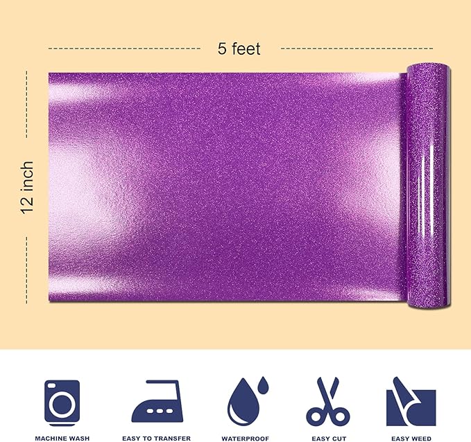 Dark Purple Glitter HTV Heat Transfer Vinyl, 12" x 5ft lron on Vinyl, for T-Shirt Ironing, Vinyl HTV Easy to Cut and Weed, The Best Choice for DIY Creativity. (Dark Purple, 12" x5ft)
