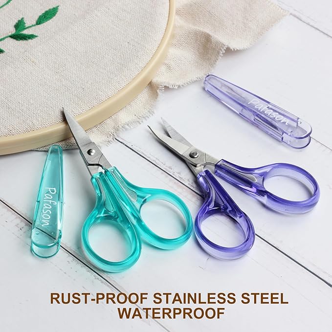 PAFASON Sharpest & Precise Stainless Steel Curved Straight Thread Yarn Fabric Cutting Scissor with Safety Cap & TSA Complied Ideal for Embroidery Quilting Sewing Knitting Crafting Cross Stitch Crochet