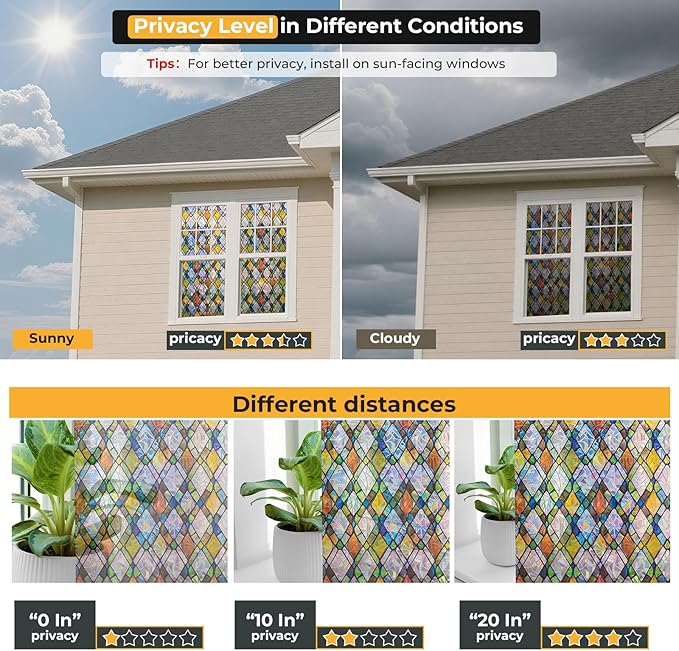 Window Privacy Film Rainbow Film Stained Glass 3D Static Cling Decorative Window Sticker for Bathroom,Front Door,Home Heat Control UV Blocking Non Adhesive,Diamond Grid 23.6 x 78.7inches