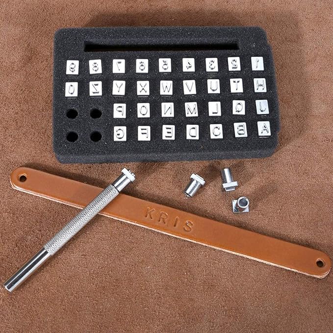 26 PCS Capital Leathercraft Metal Letter Stamps Punch Set, 1/4”(6mm) Steel Printing Punch Alphabet Letter Stamp Tool Capital Letters Printing Copper with A Pole,DIY Kit