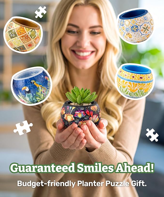 PieceRelax 3D Puzzle Planter - Oriental Floral Ornament - Small Round Plant Pots with Drainage, Home Decor Flower Pots for Indoor Cactus, Succulents Pots [K1101]