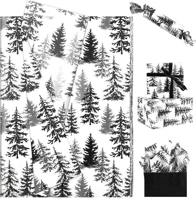 100 Sheets Christmas Tree Tissue Paper, 20x14in Forest Style Wrapping Tissue Watercolor Xmas Tree Art Tissue for Xmas Party Gift Bag Fillers Winter Party Decor (Black)
