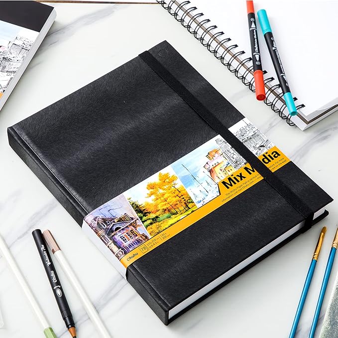 Ohuhu Mix Media Pad - 10.8"x8.3" Mixed Media Art Sketchbook, 120 llb/200 GSM Heavyweight Papers, 78 Sheets/156 Pages, PU Hardcover Mixed Media Paper Pad for Acrylic Painting Christmas Gift