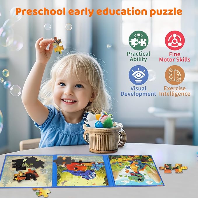 Magnetic Dinosaur Puzzles for Kids Ages 3-5 36PCS-3 Animal Themes Puzzles for Kids 4-6 Travel Puzzle for Airplane/Car/Road Trip/Gift Toys for 3-5 Year Old Girls and Boys