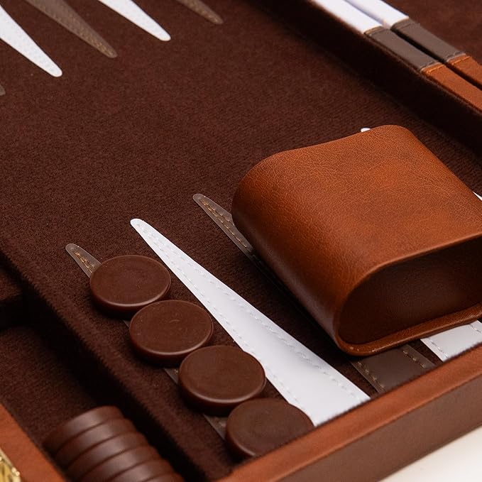Backgammon Board Game, Deluxe Leather Like Case, Felt Interior, Brown, Classic Backgammon Game, Popular Board Game, Board Games (Large (18"))