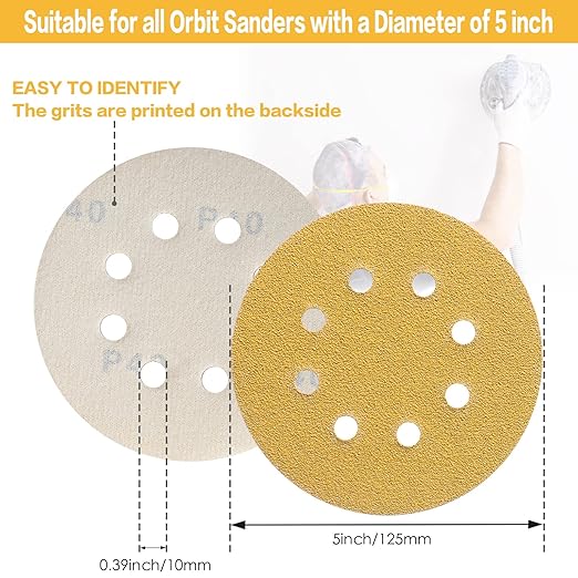 100PCS 5 Inch 8 Hole Sanding Discs 80 Grit,Gold Round Hook and Loop Sandpaper for Random Orbital Sander