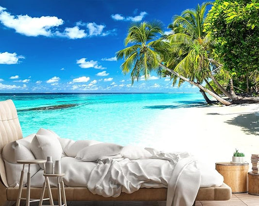 Palm Tree Wall Mural Tropic Paradise Beach Seascape Murals Wallpaper for Walls Bedroom Living Room Bedroom TV Background Kids Room Decoration（Not Peel and Stick）