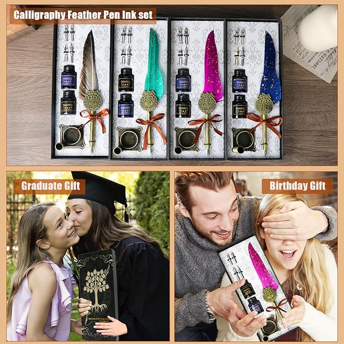 Feather Pen and Ink Set,quill pen ink set,Antique Calligraphy Pen with 4 Replaceable Nibs,2 Bottle of ink,Pen Holder Christmas Gift for Men&Women.(Gray)