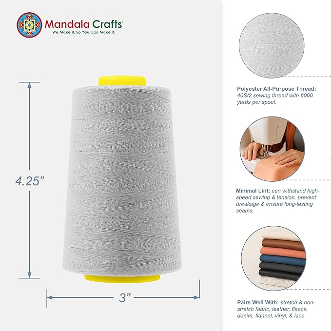 Mandala Crafts 4 Pack of Serger Threads Cones Spools - 40S/2 24000 Yards Polyester Silver Gray Threads for Sergers Machine and Overlock Quilting Sewing Machine