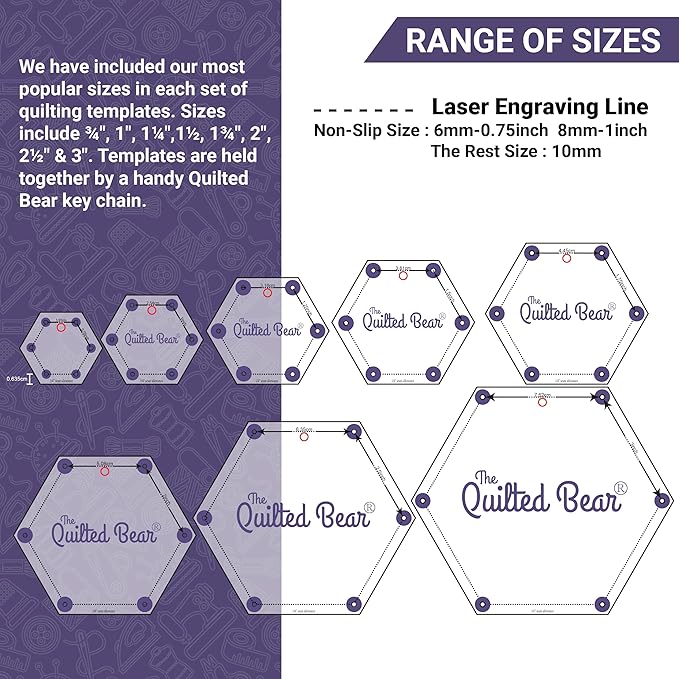 The Quilted Bear Square Quilting Templates – 8 Clear Non-Slip Acrylic Quilt Templates for Precise Fabric Cutting & Stress-Free Machine Quilting - Ideal for Quilt & Sewing Supplies (¾–3")