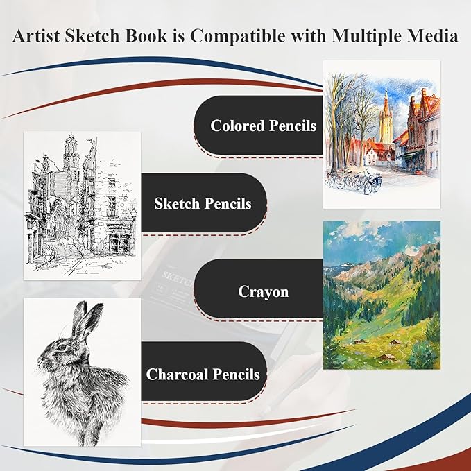 9" x 12" Sketch Book, Top Spiral Sketchbook Hardcover, 68lb (100gsm) Drawing Paper Pad & Sketch Paper, 1-Pack Sketch Pads for Drawing for Adults, Professional Art Supplies for Teens & Artist Gifts.