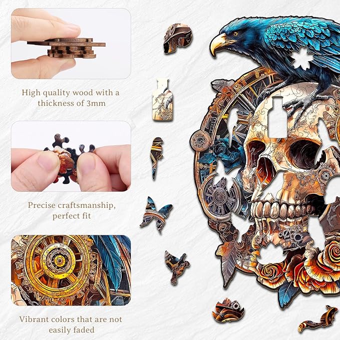 KAAYEE Wooden Puzzles for Adults, 3D Visual Effect Raven & Mechanical Skull Wooden Jigsaw Puzzle Unique Shape Wood Puzzle Adult, 3D Effect Flat Puzzle Birthday Family Games (M-11.4 * 10.1in-175pcs)