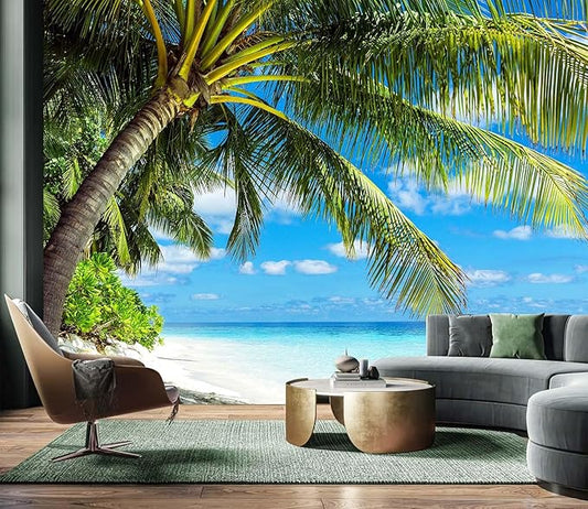 AFZEVEB-Beach Wall Mural Tropical Palm Tree Landscape Wallpaper for Bedroom 136"x96"(Not Peel and Stick)