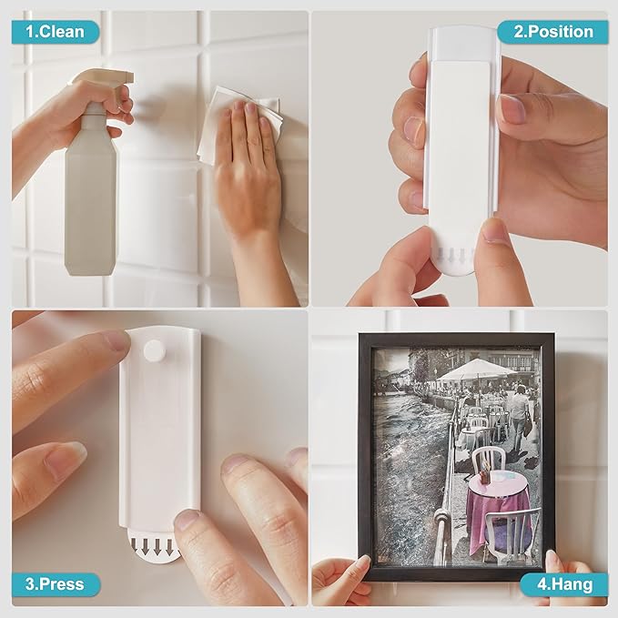 Large Universal Frame Hanger, 8 Picture Hangers, 12 Large Removable Adhesive Strips, Damage Free Picture Hanging Hooks Heavy Duty, No Nails Picture Hooks