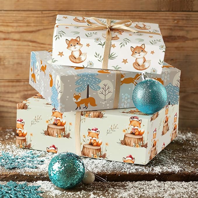 WRAPLULU Fox Wrapping Paper - 4 Jumbo Sheets, 28 * 40 Inches - Woodland Christmas Gift Wrap with Stars Floral and Leave, Perfect for Xmas, Birthdays, Baby Showers, Weddings