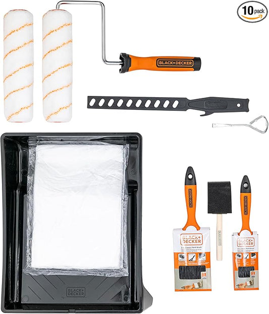 BLACK+DECKER 10-Piece Paint Tray Set, Complete Kit with Rollers, Brushes, Drop Cloth and More, Professional-Quality Tools for Effortless Painting, Ideal for Home, Office or Art Projects, 32363