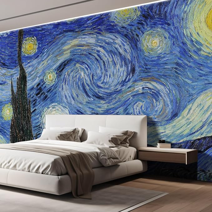wall26 Wall Sticker/Wall Mural Starry Night by Vincent Van Gogh Dutch Impressionism, Not Peel and Stick, Non-Woven Wallpaper Decorative for Bedroom, Living Room, Office - 108x168 inches