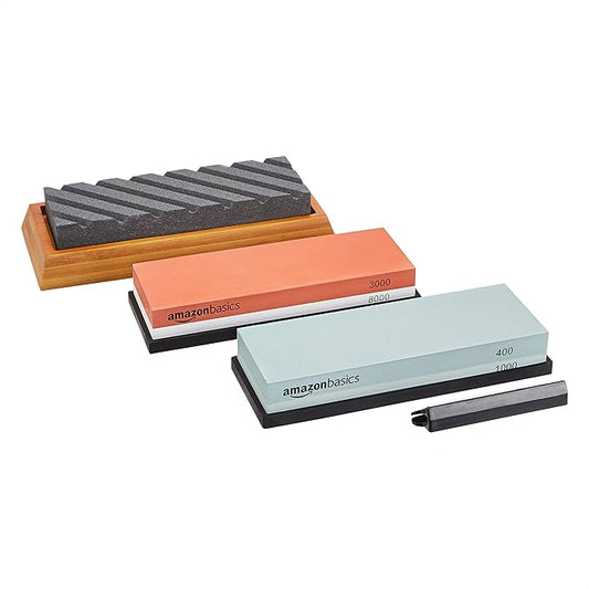 Amazon Basics Whetstone Knife Sharpening Wet Stone Dual Sided 400/1000 and 3000/8000 Grit Stones, Flattening Stone, and Non-Slip, Bamboo Base, 3 Count (Pack of 1), Black & Grey