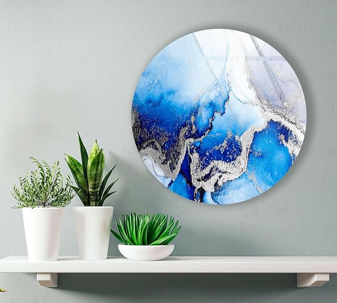 My Photostation.com 39,4''(100cm) Diameter Blue Marble Round with Silver Details Glass Wall Art Tempered Glass Printing Wall Decor Large Wall Art Wall Hangings