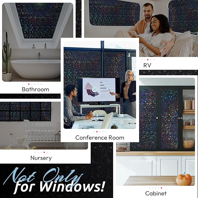 rabbitgoo Blackout Rainbow Window Privacy Film Decorative Stained Glass Diamond Pattern Window Sticker with Iridescent Tint Non-Adhesive Static Cling for Home Office Bathroom, 23.6 x 157.4 inch, Black