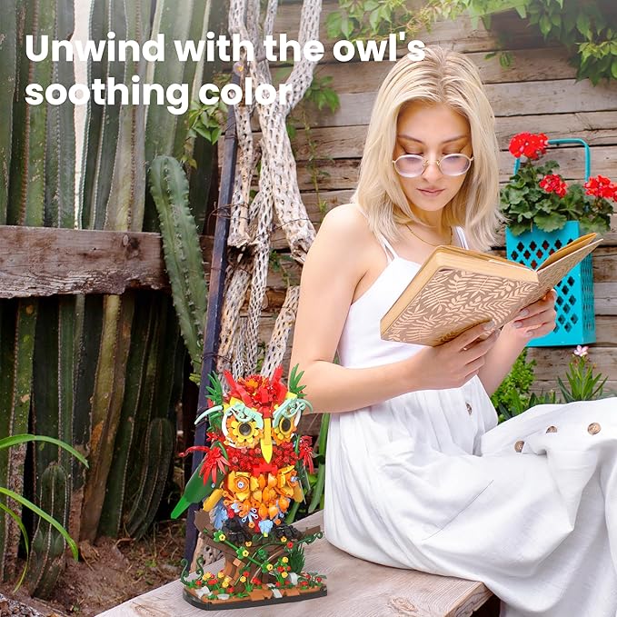 Sillbird Owl Flower Building Sets for Adults for Women Girlfriend Men Her, Artificial Floral Animals for Home Office Decorations for Table Desk - Creative Botanical Collection Model
