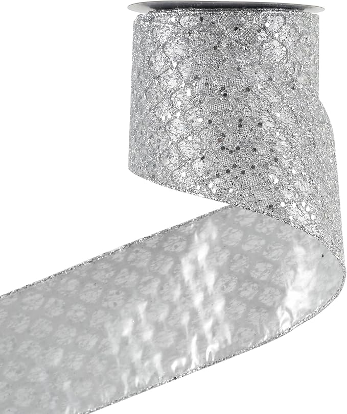 HUIHUANG Silver Christmas Ribbon 4 inch Silver Glitter Wired Ribbon Diamond Mesh Wire Ribbon for X-mas Tree Decorations, Wreaths, Garland, Large Bows Making, Home Decor -10 Yards