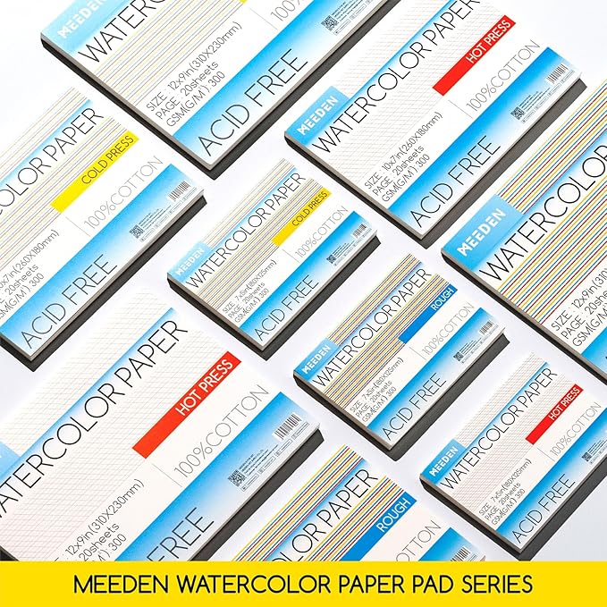MEEDEN Watercolor Paper Block - 100% Cotton Watercolor Paper Pad of 20 Sheets, 140lb/300gsm, Acid-Free Art Paper for Watercolor, Gouache, Ink and More, 16" x 12" Hot Press